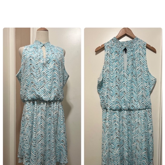 White House Black Market Wm Dress Printed Smock Sleeveless Blue High Neck L. - Picture 6 of 10